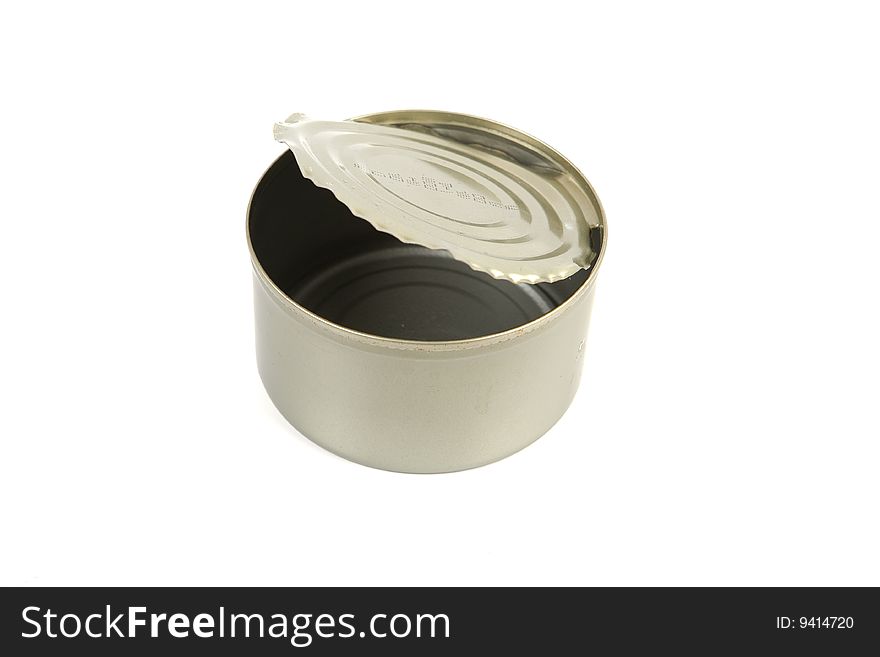 Picture of a empty metal tin on white background. Picture of a empty metal tin on white background