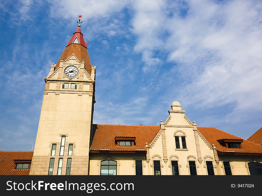 The clock tower in downtown qingdao, china.