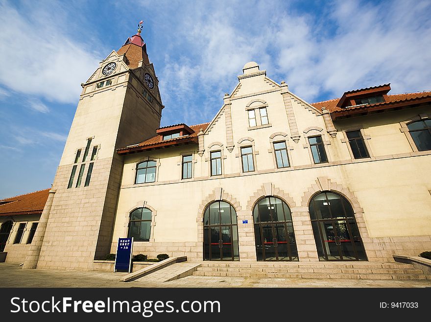 The clock tower in downtown qingdao, china.