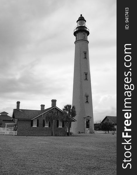 Black and white photo of a brick lighthouse in Ponce Inlet, Florida. Black and white photo of a brick lighthouse in Ponce Inlet, Florida