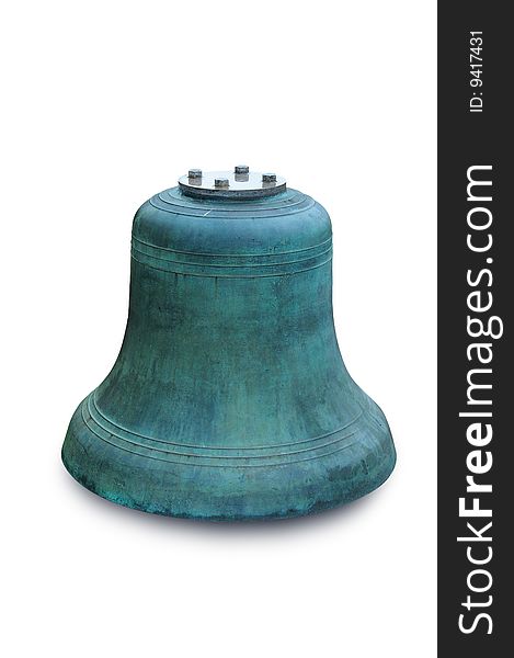 Old bell with a patina finish isolated on white with clipping path around bell excluding shadow. Old bell with a patina finish isolated on white with clipping path around bell excluding shadow