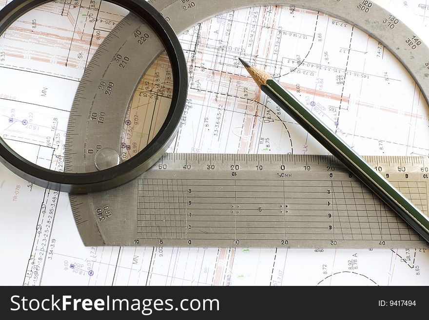 Engineering digital color blueprint with pencil, loupe and steel protractor