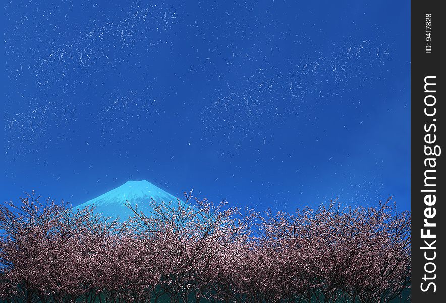 3D illustration of Mount Fuji and Sakura trees. 3D illustration of Mount Fuji and Sakura trees