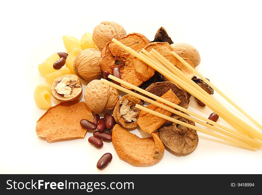 Mixed dried fruits on white  background