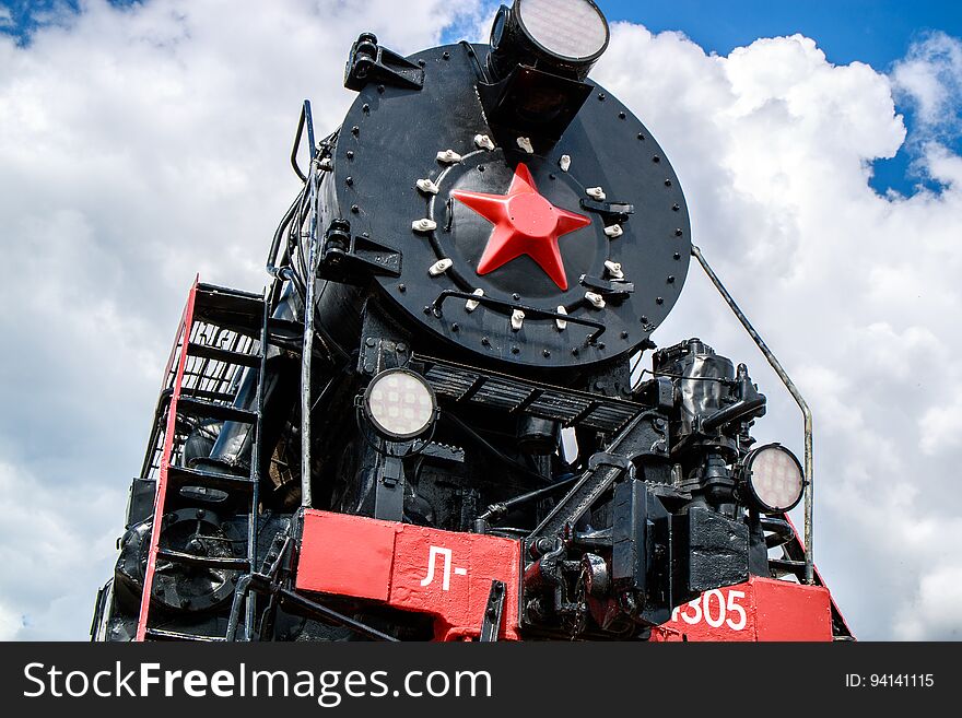 The front part of the Soviet steam locomotive with a star