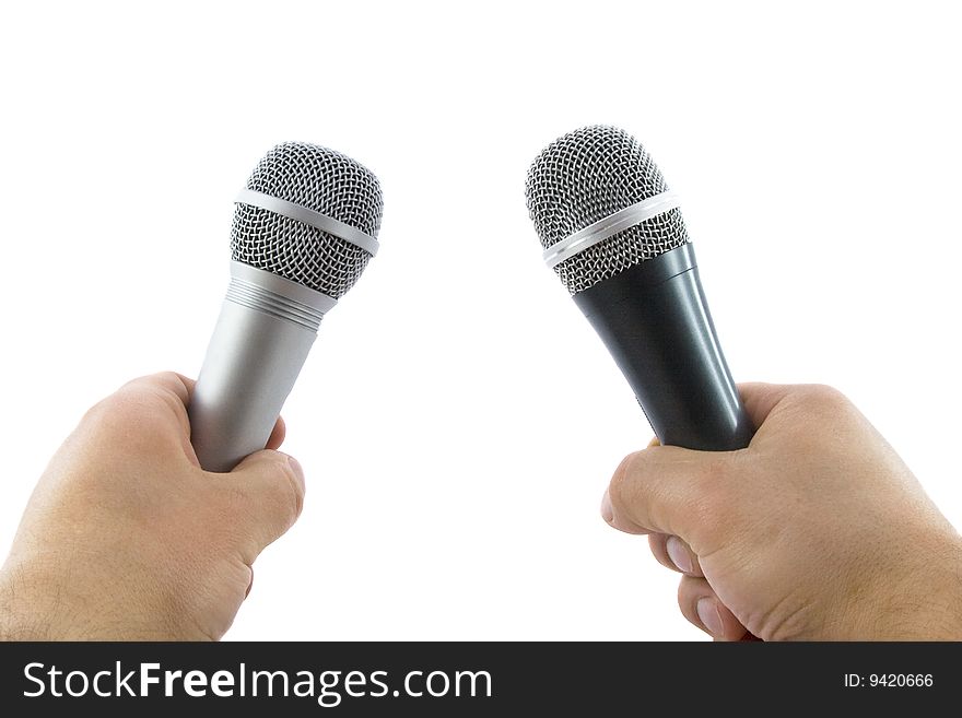 Hand with wireless microphone isolated on white background