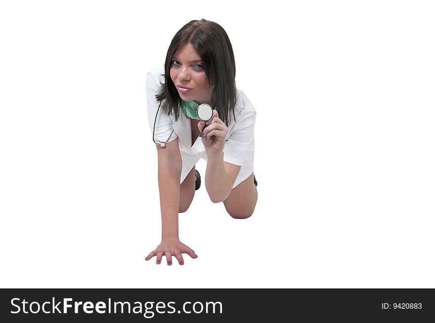 Girl in doctor uniform on her knees