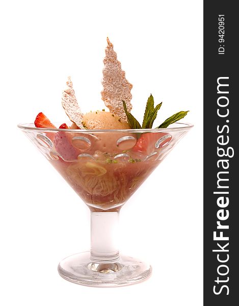 Gourmet ice cream in a bowl with strawberry isolated