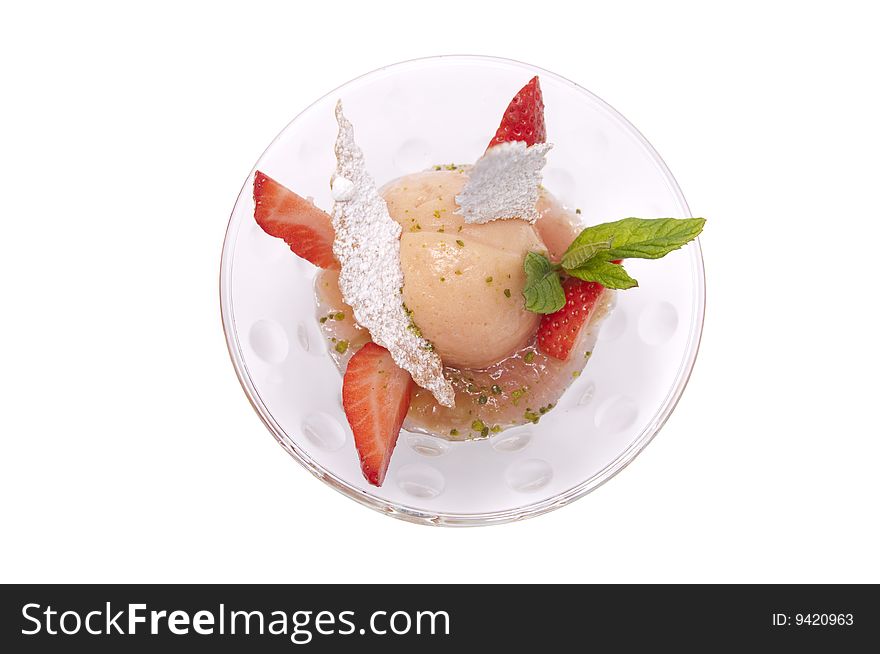 Gourmet ice cream in a bowl with strawberry isolated