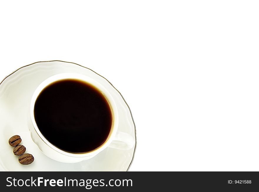 Cup of coffee with fresh coffee beans isolated over white with space for text. Cup of coffee with fresh coffee beans isolated over white with space for text.