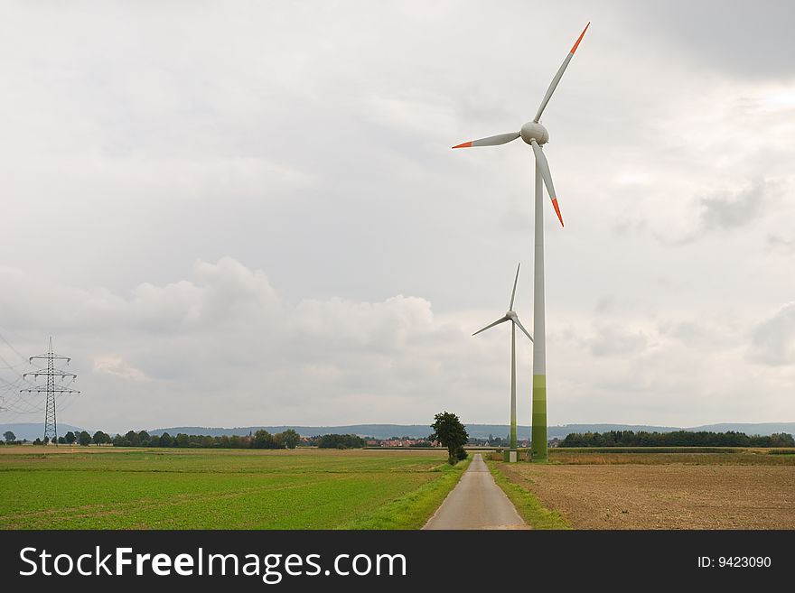 Wind Turbines at the rural field near the road