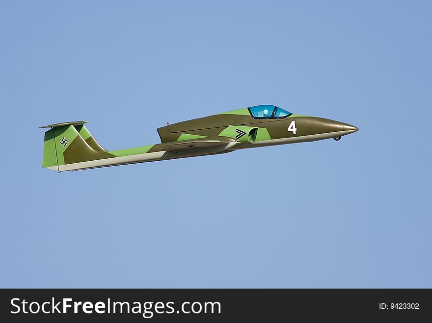 Model jet airplane in flight