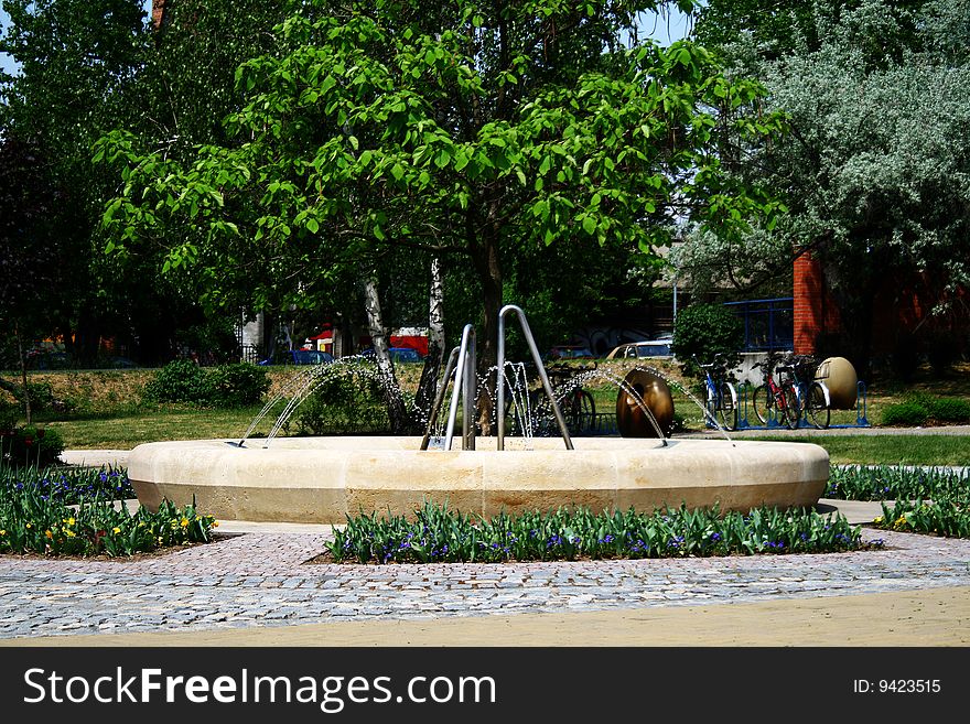 Photograph the spa park. flowers, fountain, trees.