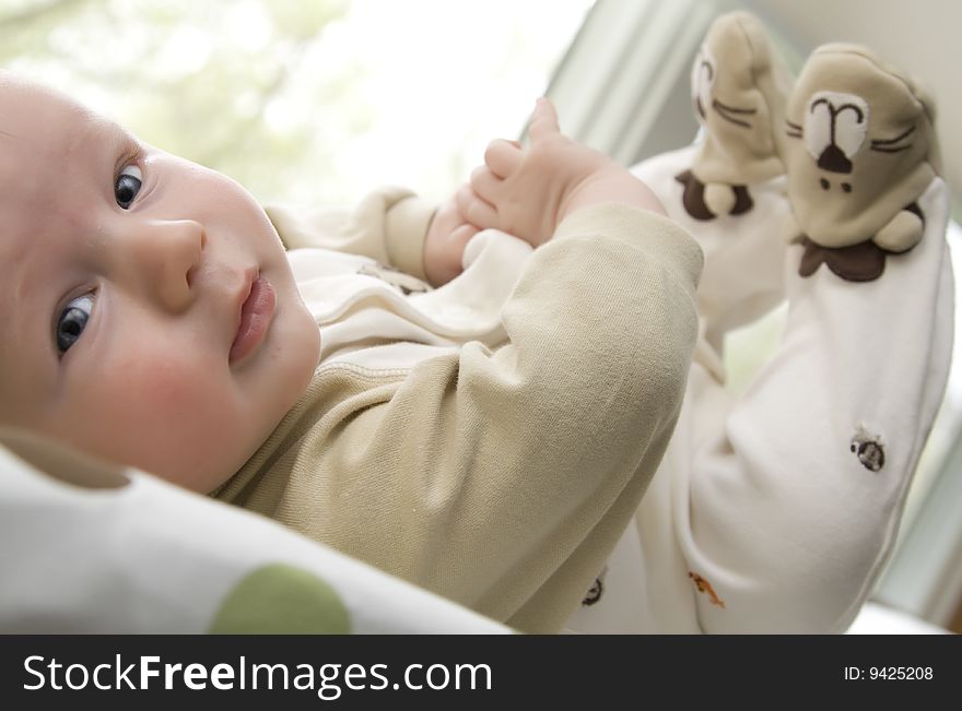 Infant lying down with feet up in the air, looking at the camera. Infant lying down with feet up in the air, looking at the camera