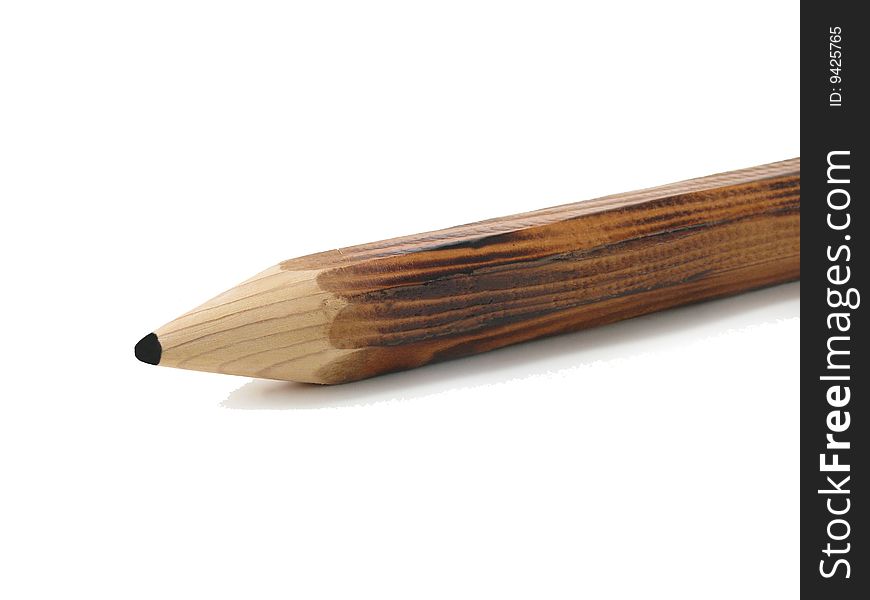 Old orange wood pencil with eraser isolated on pure white background