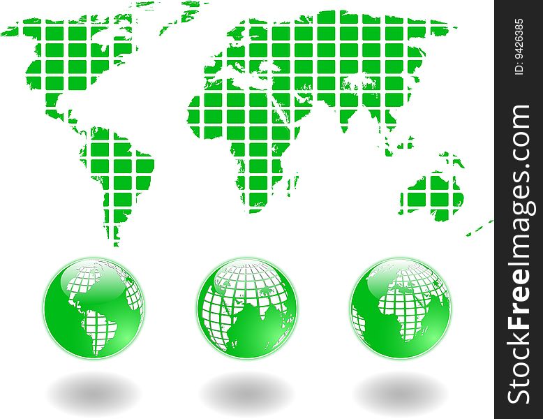 The vector green world map and globe