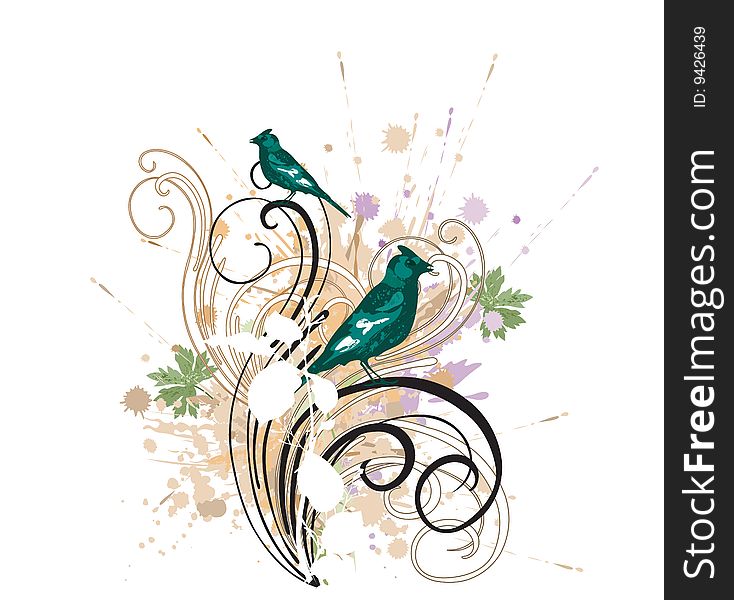 Illustration of birds and decorative patterns