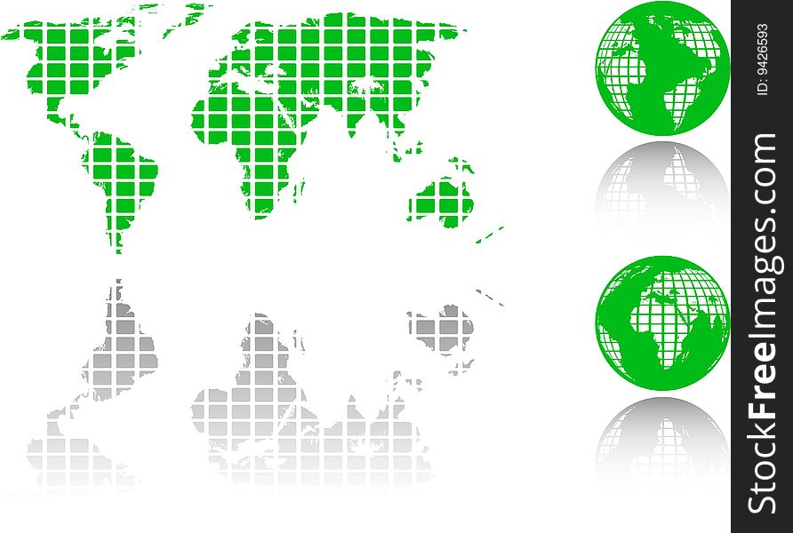 The vector green world map and globe