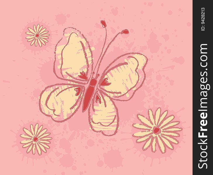 Yellow butterfly on an pink background, hand draw