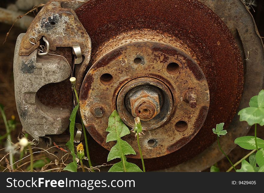 An old metal wheel in weed. An old metal wheel in weed