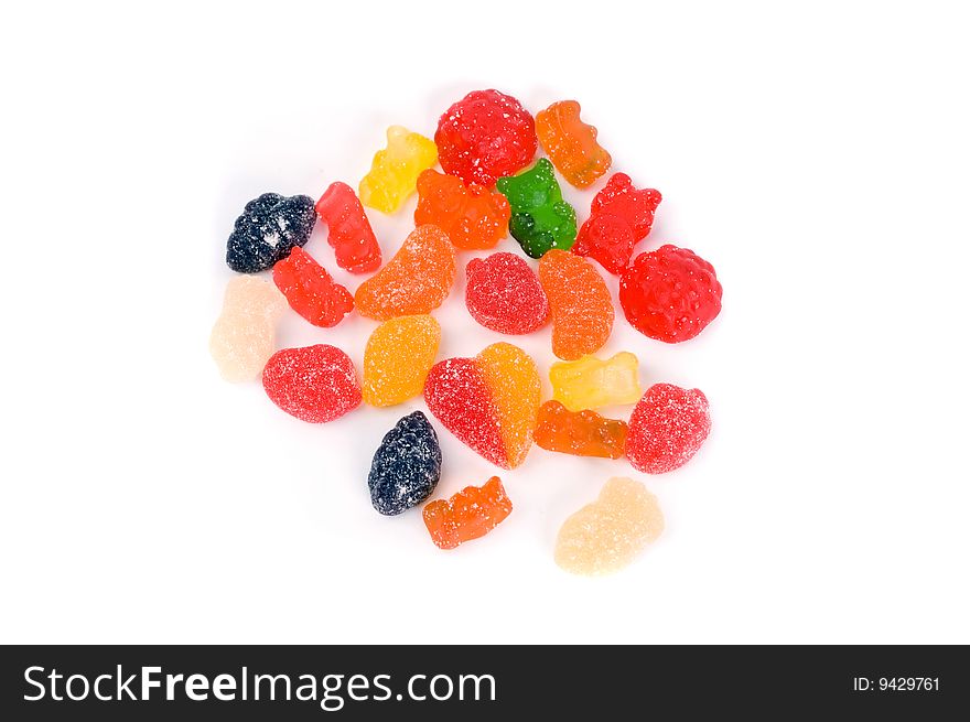 Mixed candies. Sweet candies, colorful jelly candies with different fruits taste. Candies shaped in different ways.