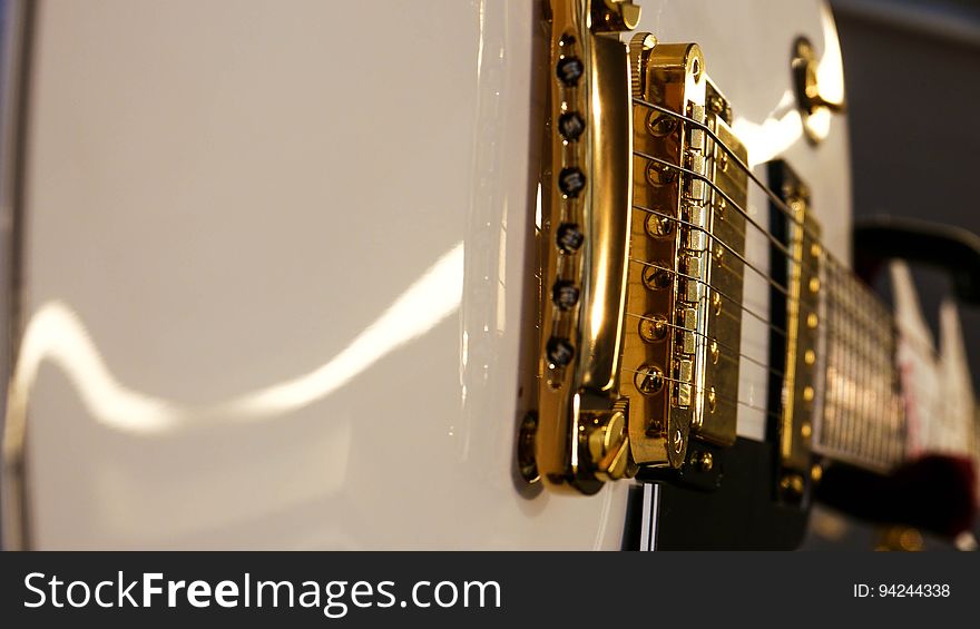 Closeup of a classical guitar.
