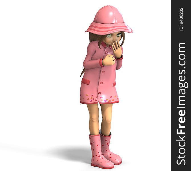 Cute litte toon girl has fun in rain. with clipping path and shadow over white