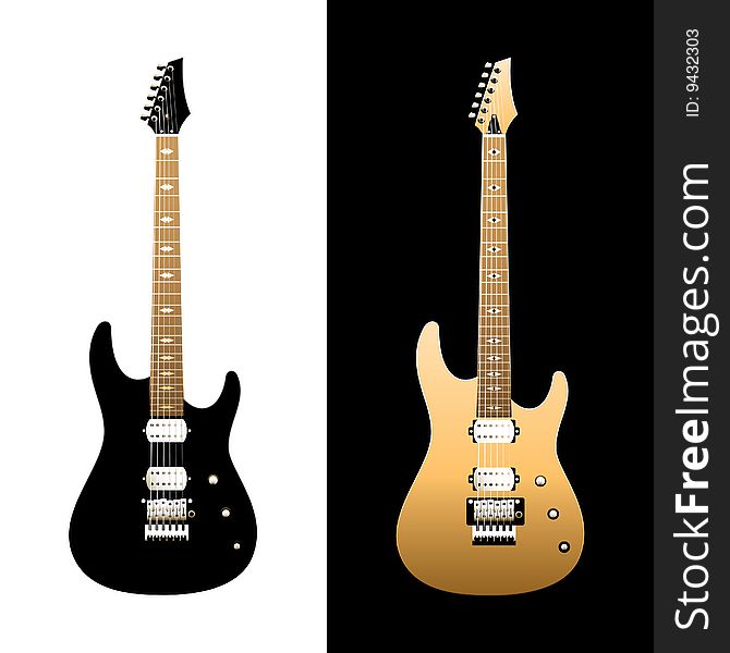 Electric guitars on a white and black background