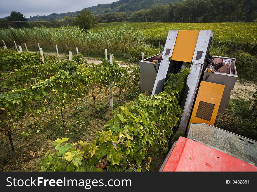 Closeup of a machine to harvest the rows of a vineyard. Closeup of a machine to harvest the rows of a vineyard