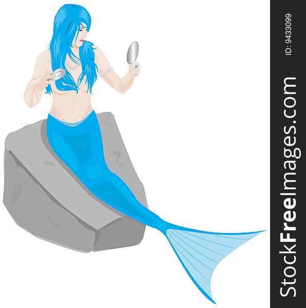 Vector illustration of a blue haired mermaid grooming herself. . Vector illustration of a blue haired mermaid grooming herself.