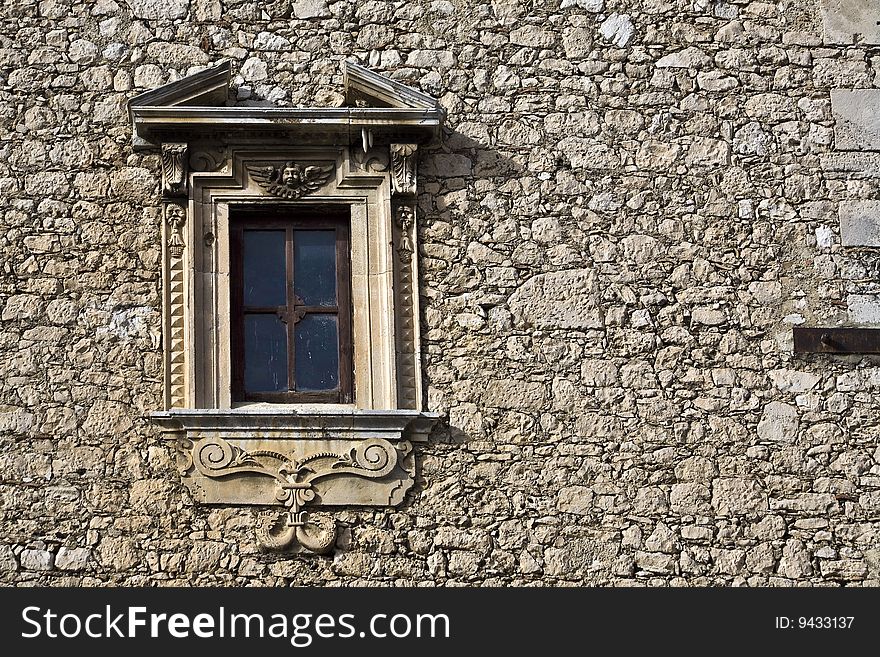 Outer wall of the church of St Bartholomew in Sant'Eufemia a Maiella village in the Abruzzo National Park