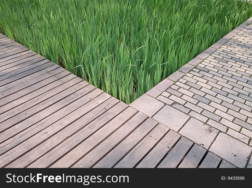Plank Platform And Brick Footpath Beside Grasses
