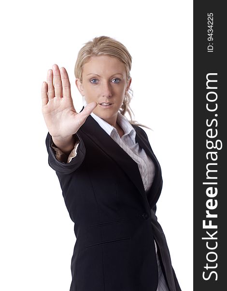 Businesswoman gesturing to stop isolated against a white background. Businesswoman gesturing to stop isolated against a white background