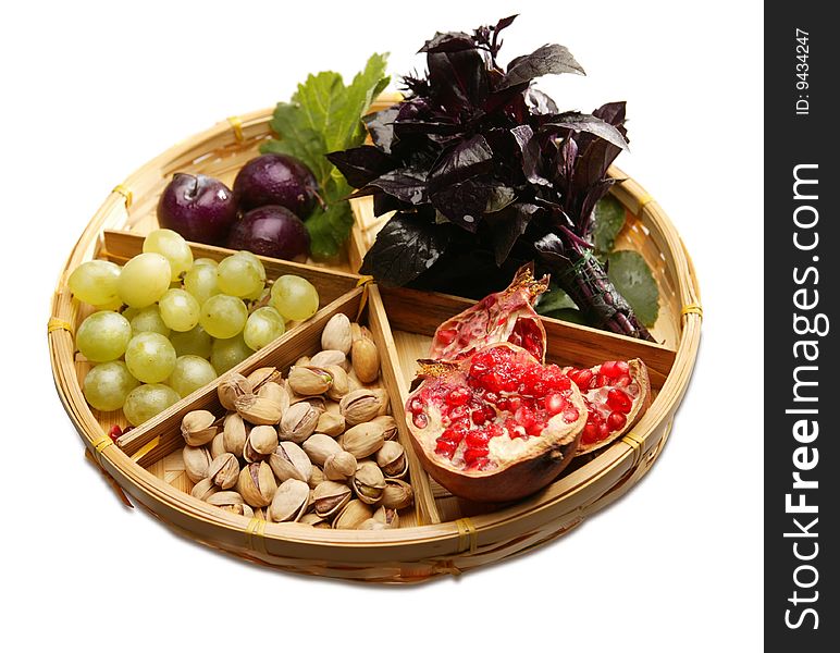 Basket with fruit, nuts and greens. Basket with fruit, nuts and greens