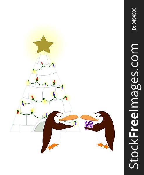 Drawing of two penguins who exchange a gift in front of an igloo decorated like a christmas tree