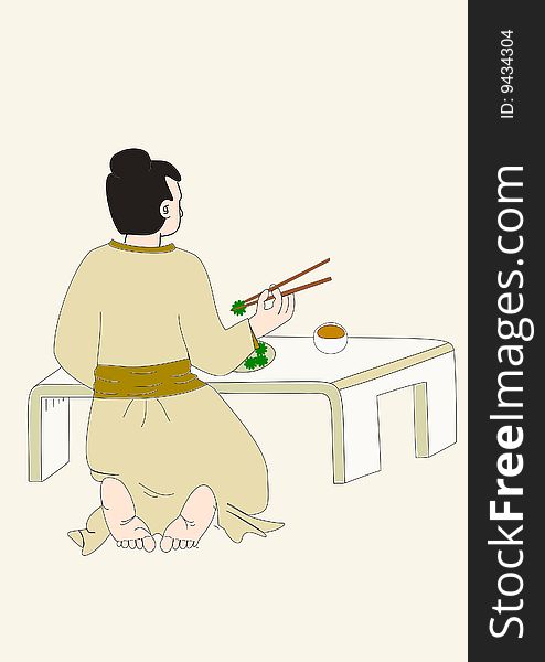 Drawing depicting a man who eats with chopsticks. Drawing depicting a man who eats with chopsticks
