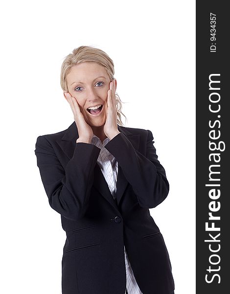 Shocked young businesswoman isolated against a white background. Shocked young businesswoman isolated against a white background