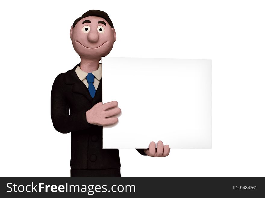 A clay businessman holding a blank card. A clay businessman holding a blank card