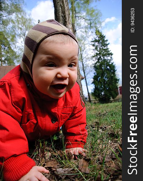 Little Boy Playing In Leaves