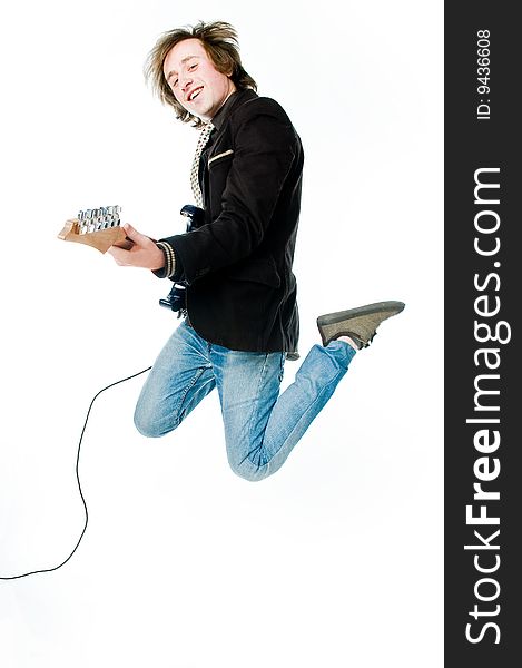 Jumping man with electro guitar, isolated on white background