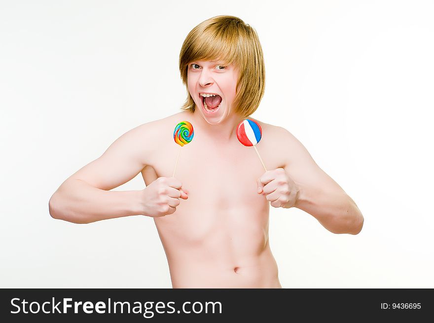 Funny red-haired man with lollipops, isolated on white background