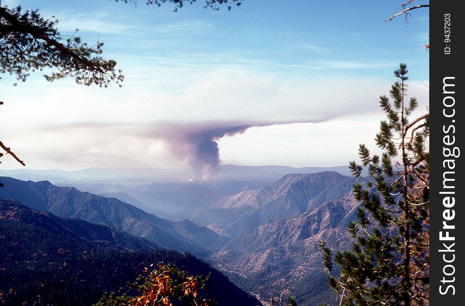 View of a forest fire smoke plume south from yosemite national park, california;. View of a forest fire smoke plume south from yosemite national park, california;