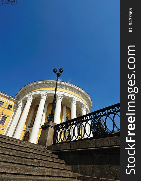 The palace of culture in Kiev taken from a low viewpoint