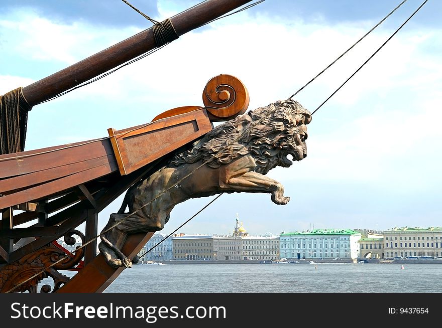 Lion-shaped rostrum on Neva river, St Petersburg, Russia