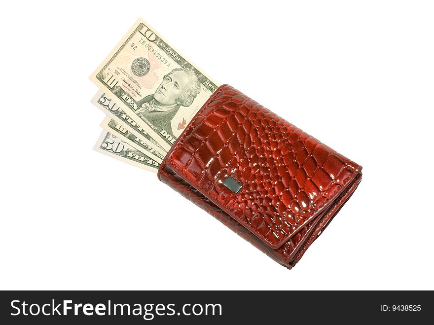 Red varnished purse with money bill on white background. Red varnished purse with money bill on white background