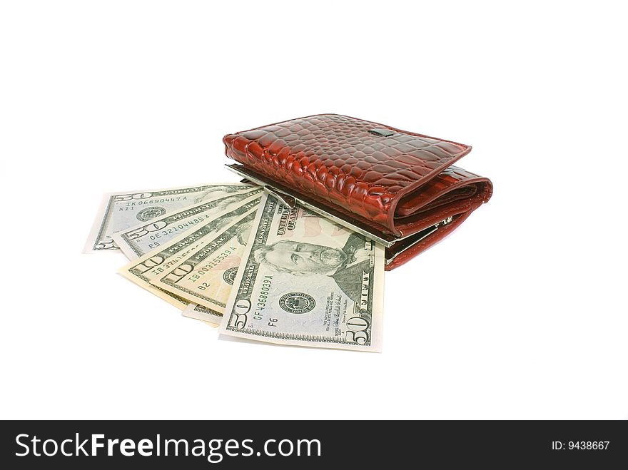 Red, varnished purse with money bill on white background. Red, varnished purse with money bill on white background