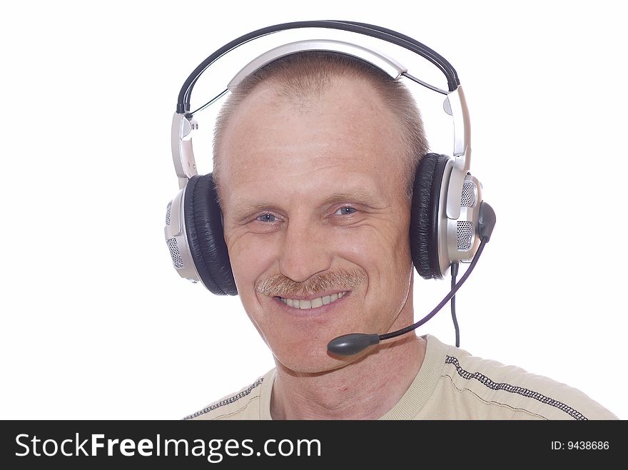 Man with smile on white background, in earphone. Man with smile on white background, in earphone