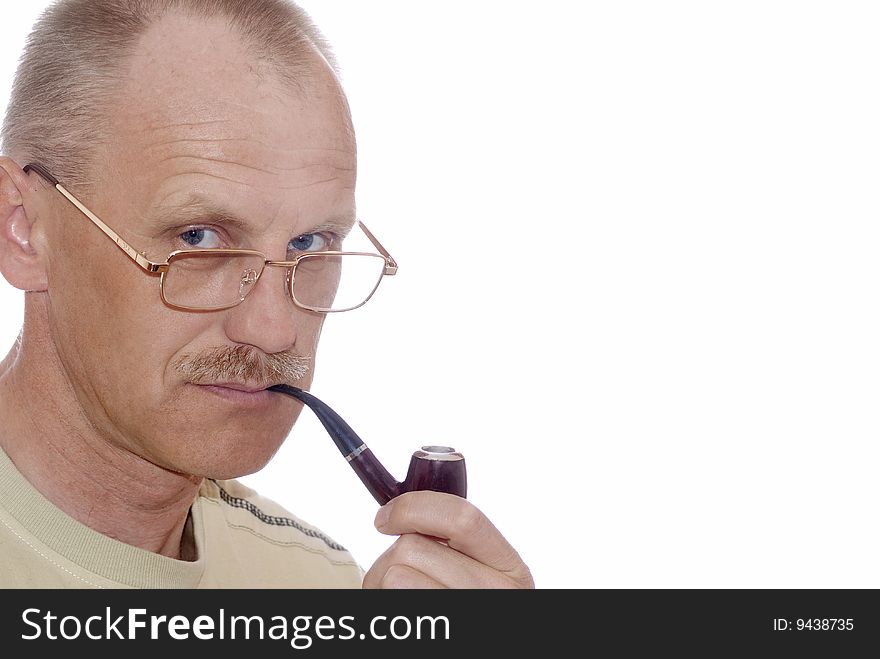 Man insulated on white background with smoking tube keeps in mouth. Man insulated on white background with smoking tube keeps in mouth