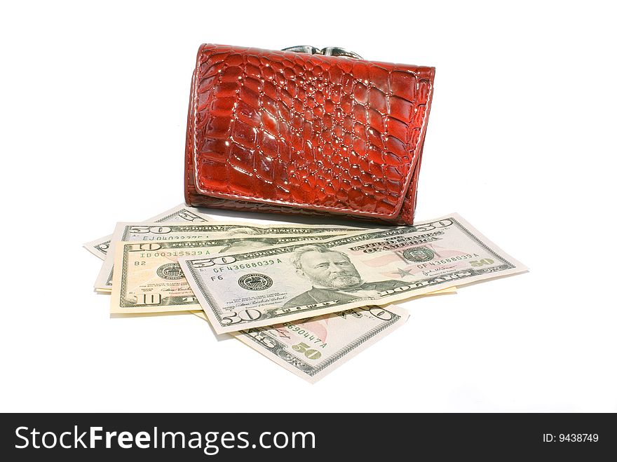 Red, varnished purse with money bill on white background. Red, varnished purse with money bill on white background