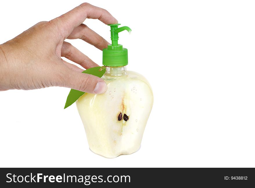 Hand, vial with cream-soap on white background